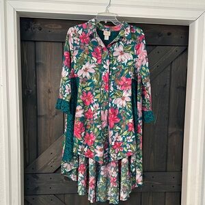 Floral Teal High-Low Women's Dress with Button Front